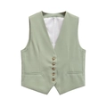 Classic sage green women's V-neck vest with single-breasted five-button closure - S / Green