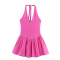 Vestido mini playero rosa con cuello halter, escote en V profundo y falda plisada - S / Rosa