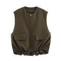Women sleeveless olive green zip-up vest jacket with pocket details and elastic hem - S / Green