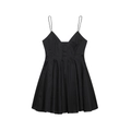 Vestido mini negro elegante con tirantes finos y falda plisada de corte acampanado - S / Negro