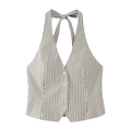 Chaleco de mujer con cuello halter a rayas con botones en caqui y azul claro - XS / Tops