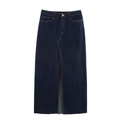 Falda midi vaquera azul oscuro para verano con cintura alta y detalle de abertura frontal - S / Falda de Mezclilla Azul Oscuro