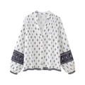 French style bohemian white long sleeve blouse with blue floral print and lantern sleeves - S / Milky White