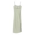 Sage green satin slip dress with thin straps and ruched bust detail on white background - S / Light Green