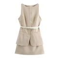 Elegant beige sleeveless blazer dress with thin white belt for 2025 summer workwear - S / Off White