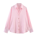 Elegante camicetta di raso rosa chiaro a maniche lunghe con trama setosa e bottoni - S / Rosa
