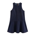 Sleeveless dark blue denim mini dress with contrast stitching and pleated A-line hem - S / Blue