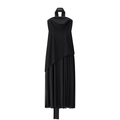 Detail of black halter dress featuring mesh patchwork and asymmetrical pleated hem - S / Black