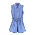 Women's blue and white gingham sleeveless romper with waist drawstring and front buttons - S / Blue