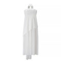 Detail view of white halter neckline dress with asymmetrical layered mesh fabric panels - S / White