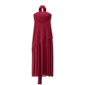 Detail of burgundy halter dress featuring irregular layered mesh hem and pleated texture - S / Red