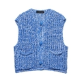 Women sleeveless v-neck chunky knit vest in blue and white with buttons and pockets - S / Sky Blue