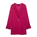 Abito fucsia a maniche lunghe con scollo a V, volant e lacci con nappe da donna - S / Rosa Rosso