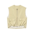 Gros plan détaillé du gilet beige en similicuir avec fermeture éclair et poches - S / Jaune
