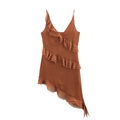Caramel asymmetric ruffled summer dress with spaghetti straps and a deep V-neckline - S / Coffee