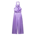 Elegante tuta in raso viola con scollo all'americana e gamba larga per donna - S / Viola
