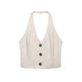 Damen Sommer Beige Leinenweste mit tiefem V-Ausschnitt und schwarzen Knöpfen auf weiß - S / Top (Beige)