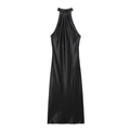 Elegante vestido halter de satén negro con escote retorcido y acabado brillante - S / Negro