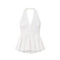 Modern white halter neck peplum top featuring a deep V-neck and ruffled hem design - S / White