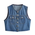 Classic blue denim vest for women with silver buttons and front flap pockets - S / Blue