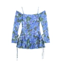Robe d'été vintage française à fleurs bleues avec design à épaules dénudées chic - S / Bleu
