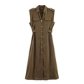 Military green sleeveless button-down shirt dress with waist belts and pleated A-line skirt - Army Green