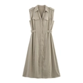 Ärmelloses Khaki-Hemdblusenkleid mit Knopfleiste, Brusttaschen und Taillengürtel-Detail - S / Dunkles Khaki