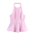 Haut péplum rose bébé à col licou avec fermeture au dos et design sans manches chic - S / Rose