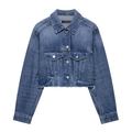 Giacca di jeans corta blu scuro classica con orlo a taglio vivo e bottoni metallici - S / Blu