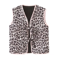 Damen Steppweste mit Leopardenmuster, rosa Paspelierung und Schleifen, schicker V-Ausschnitt - S / Rosa