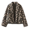 Women's leopard print quilted jacket with dark green piping and front patch pockets - S / Leopard Print (Dark Green Trim)