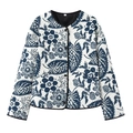 Detailed view of lightweight quilted jacket with dark blue floral print and black piping - Blue Floral