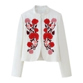 White standing collar jacket with red floral embroidery and elegant curved hemline - S / White