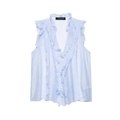 Ärmellose hellblaue Bluse mit V-Ausschnitt, Rüschendetails und feiner Knitterstruktur - S / Himmelblau