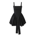 Elegant black sleeveless bow-back dress with pleated puff skirt and long ribbons - S / Black