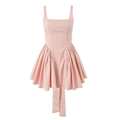 Pink sleeveless bow tie back dress with structured bodice and layered pleated A-line skirt - S / Pink