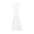 Detail of white wrap top with waist tie and high waist pleated wide leg trousers - White Zirconia Set