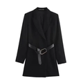 Detail of classic black blazer dress featuring a notched lapel and belted waist closure - XS / Black