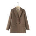 Detail of coffee brown double-breasted blazer showing notch lapels and flap pockets - S / Coffee