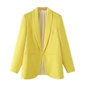 Detail of a bright yellow shawl collar blazer featuring modern open-front tailoring - S / Tops / Yellow