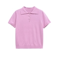 Roze gebreid poloshirt met korte mouwen voor dames met kraag en geribde boorden op wit - S / Roze