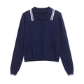 Women's navy blue long-sleeved polo knit shirt with elegant white stripe details - S / Navy Blue