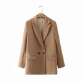 Detail of khaki double-breasted blazer showing lapels and black contrast buttons - S / Coffee