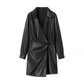 Women's faux leather wrap dress with V-neckline and long sleeves in elegant black PU - S / Black