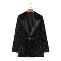 Women's black sequin blazer with faux leather lapels and adjustable waist belt - S / Black