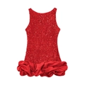 Détail d'une robe rouge sans manches avec haut à paillettes et ourlet en satin bouffant - XS / Rouge à Volants Superposés