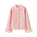 Elegante cappotto rosa in lana da donna con collo in pelliccia e bottoni in cristallo lusso - S / Rosa