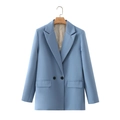 Close-up of light blue double-breasted blazer with notch lapel and flap pockets - S / Haze Blue