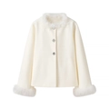 Elegante cappotto di lana bianco crema da donna con bordo in pelliccia e bottoni in cristallo - S / Bianco