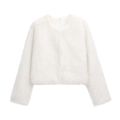 Women's white faux fur cropped jacket with a fluffy texture and soft long sleeves - XS / White